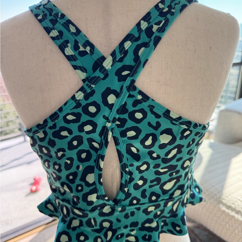Women's Teal Leopard-Print Crossback Swimdress